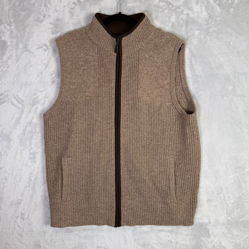 LL Bean Sweater Vest Mens Large Brown Merino Lambswool Full Zip Ribbed 245457